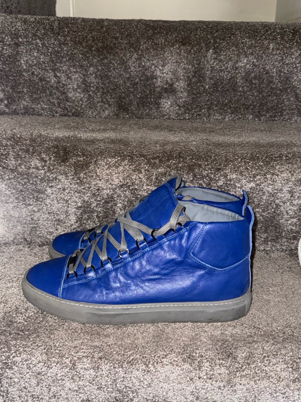 Balenciaga Men's Royal Blue High-Top Leather Sneakers with Gray Accents